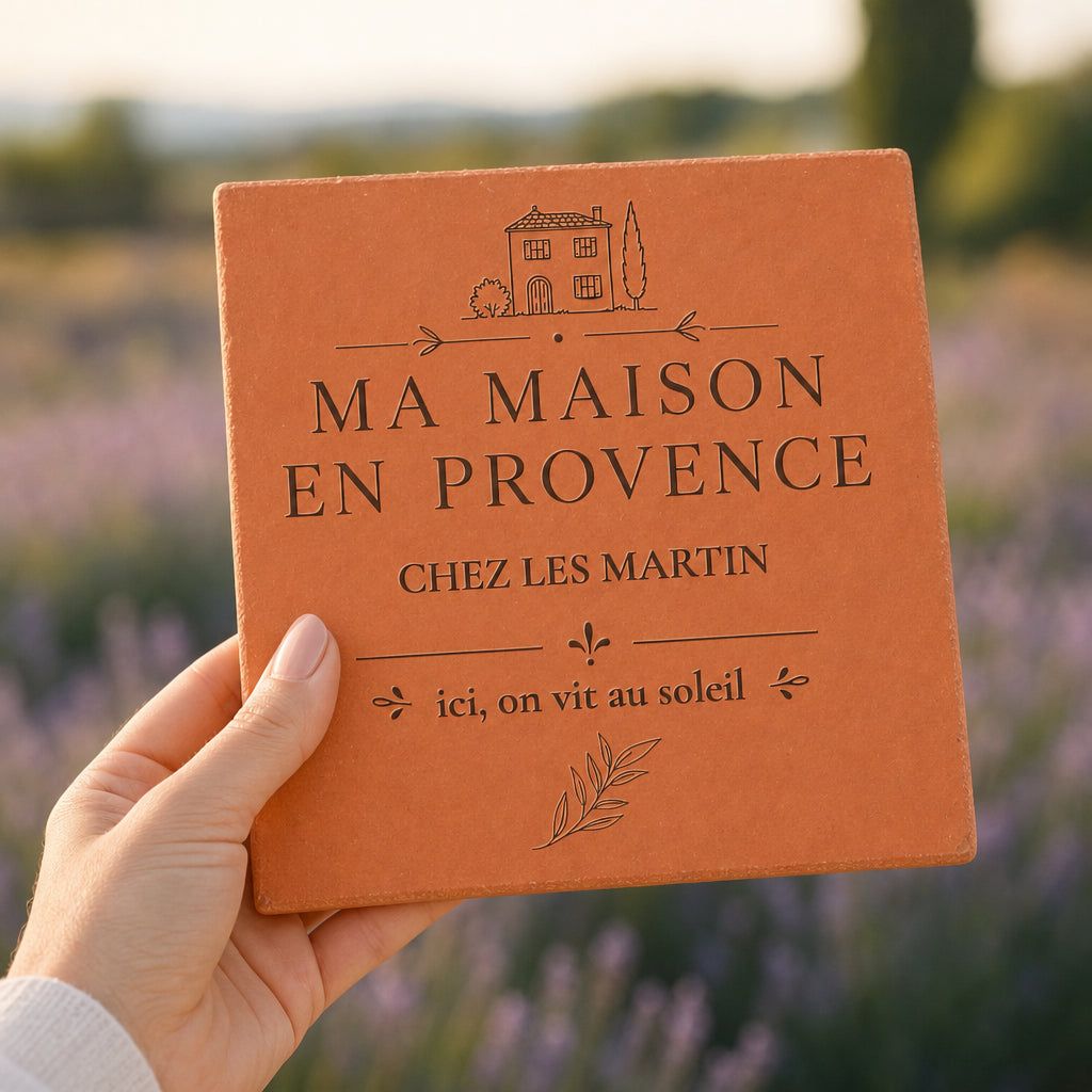 Carreau « Ma maison en Provence, chez les Martin » tenu dans une main devant un champ de lavande
