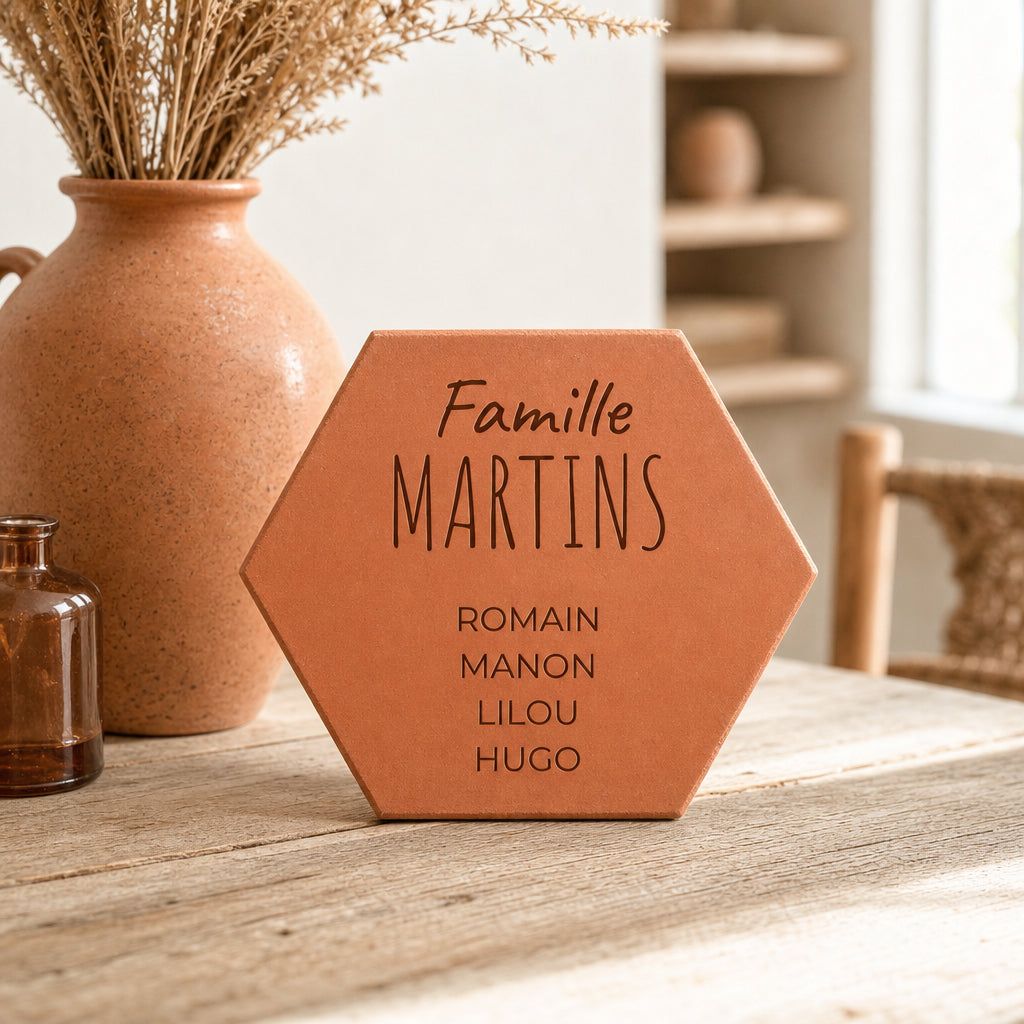 Tomette gravée « Famille Martins » avec les prénoms des quatre membres de la famille