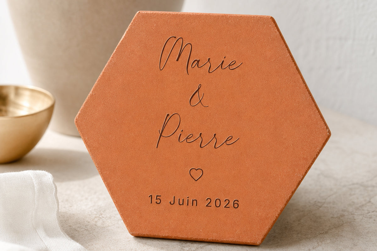 Tomette hexagonale en terre cuite gravée des prénoms Marie et Pierre et de la date du 15 juin 2026