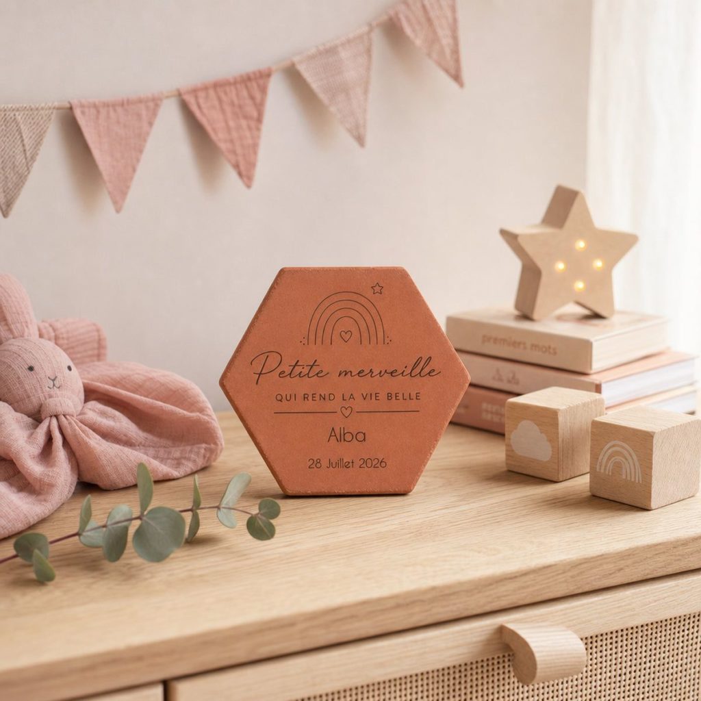 Tomette de naissance « Petite merveille » gravée du prénom Alba et de sa date de naissance