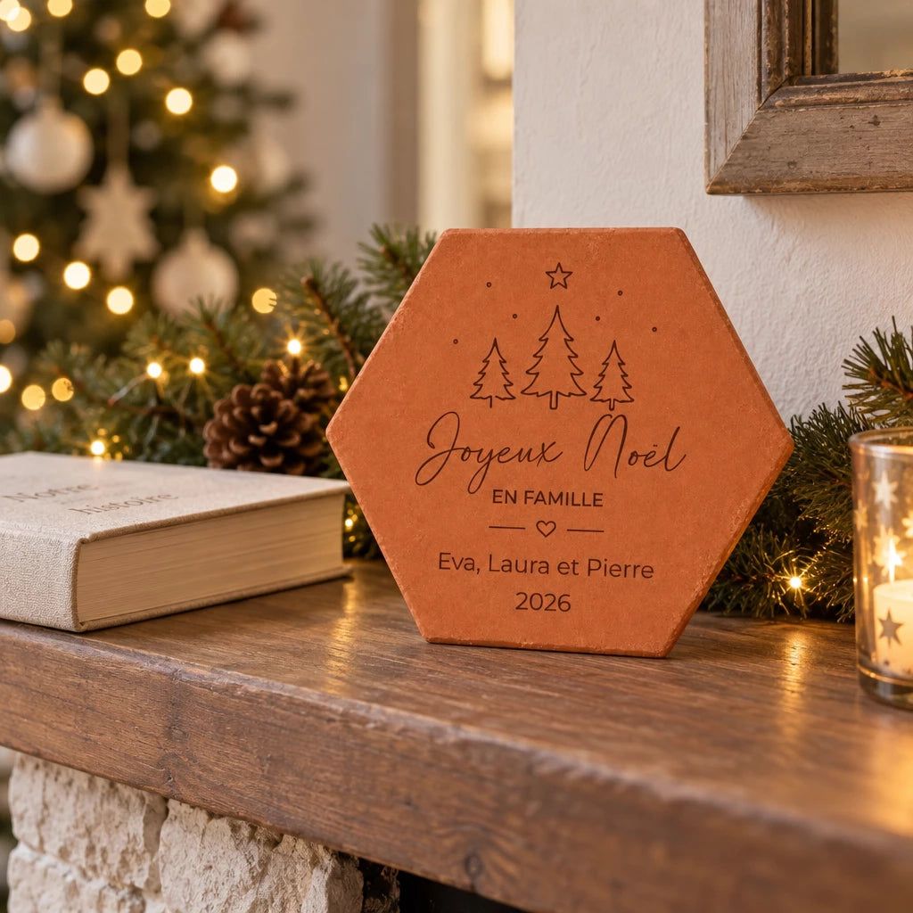 Tomette « Joyeux Noël en famille » gravée de prénoms et de l'année, près d'un sapin illuminé