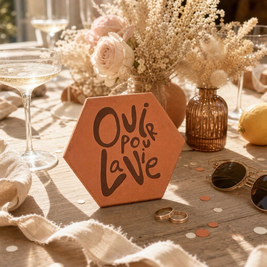 Tomette « Oui pour la vie » posée sur une table de mariage, entre alliances et fleurs séchées