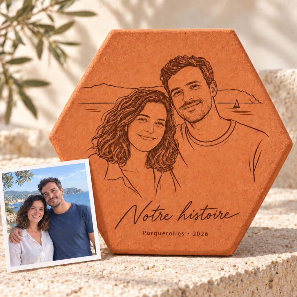 Tomette en terre cuite gravée d'un portrait dessiné de couple, posée à côté de la photo d'origine
